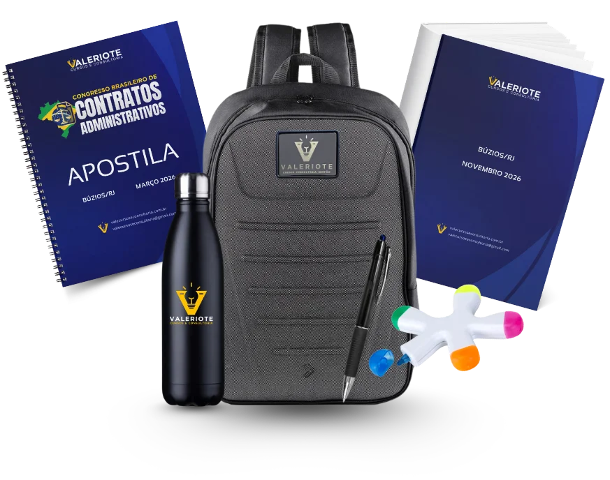 Kit do participante do congresso: mochila exclusiva, apostila impressa, caderno de anotações, garrafa térmica, caneta e marcador de textos