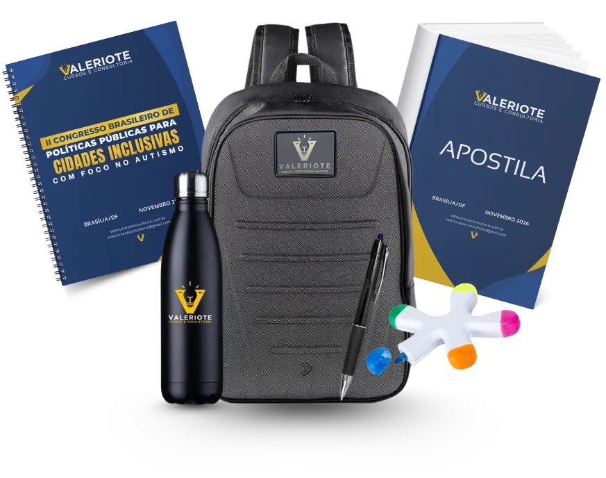 Kit do participante do congresso: mochila executiva, apostila, caderno, garrafa térmica, caneta e marca-texto personalizados