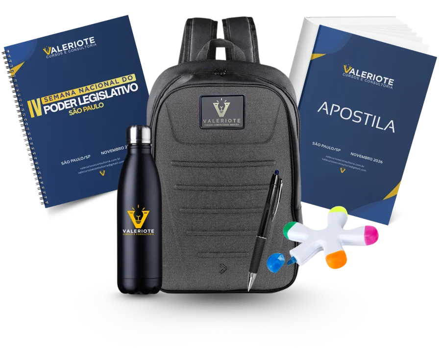 Kit do participante: mochila, caderno, caneta, marca-texto, squeeze e apostila impressa